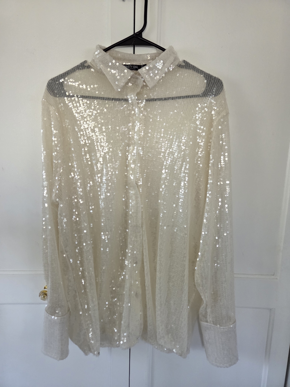 Nasty Gal Sequin Button-Up Blouse in Ivory